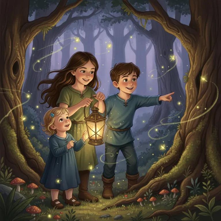 Sample storybook page: Tommy, Sally and John fell into an enchanted forest