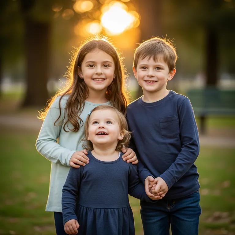 Photo of three young siblings standing together in a park
