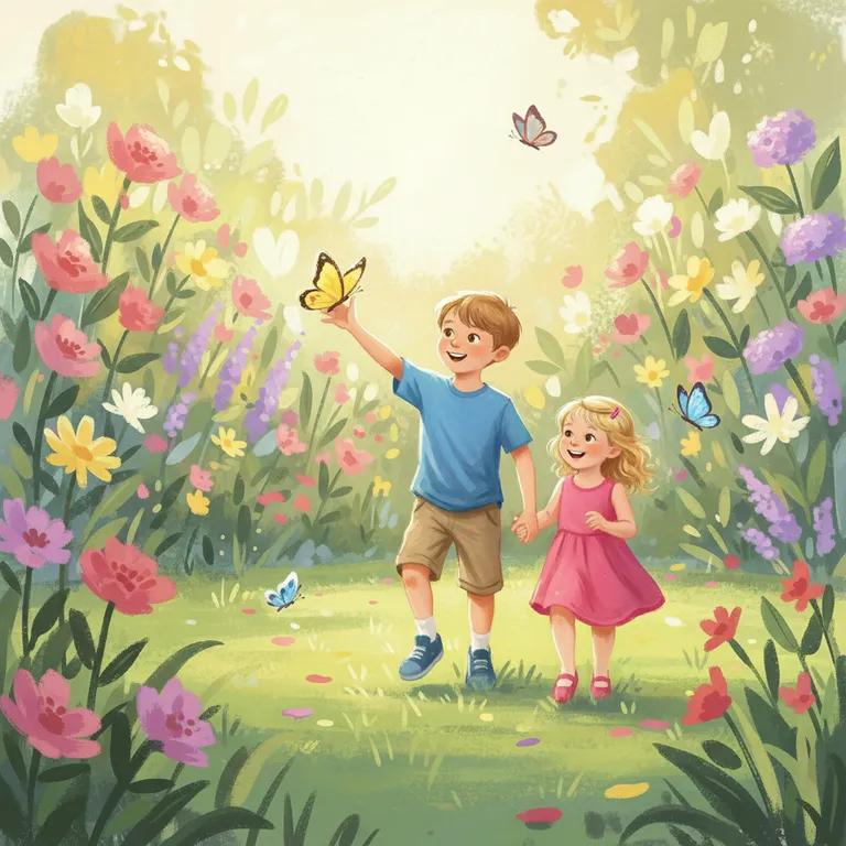 The same brother and sister illustrated chasing butterflies in a sunlit impressionist garden