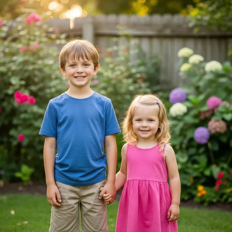 Photo of a brother and his younger sister in a backyard garden
