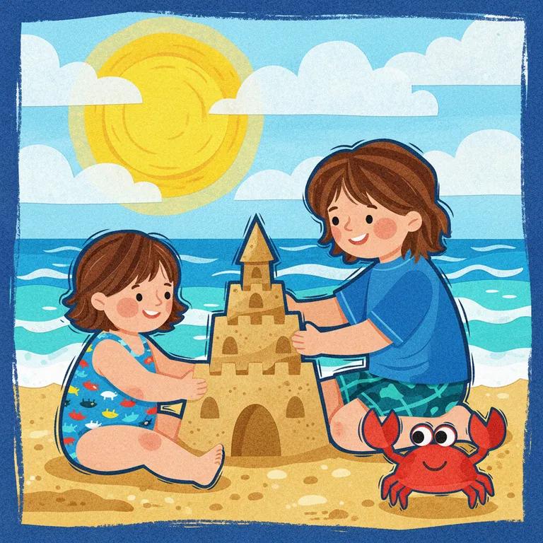The same two siblings illustrated building a sandcastle in a bright paper-collage style