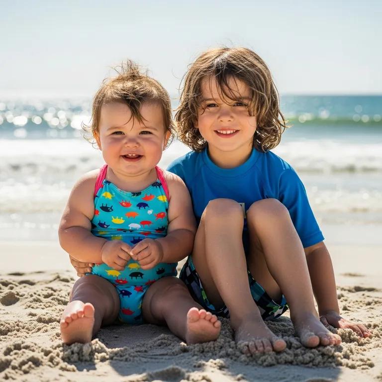 Photo of two young siblings sitting together on a beach