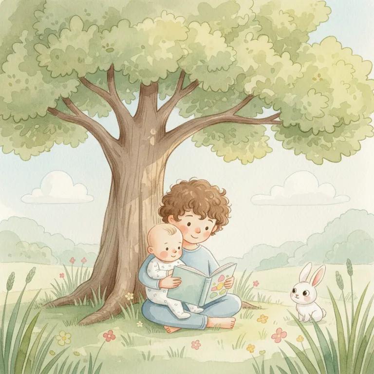 The same child illustrated reading to their baby sibling under an oak tree in soft watercolor