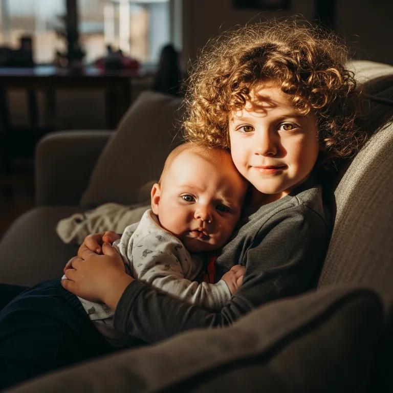 Photo of a child holding their baby sibling on a couch